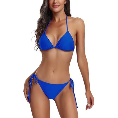 FITTOO Triangel Bikini Damen Set Push Up Neckholder Bikinioberteil Verstellbare Bademode Unterteil Schnürung Zweiteiliger Badeanzug Blau, M von FITTOO