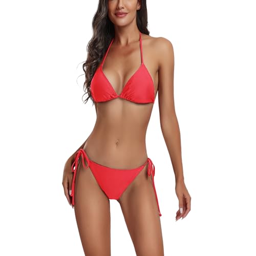 FITTOO Triangel Bikini Damen Set Push Up Neckholder Bikinioberteil Verstellbare Bademode Unterteil Schnürung Zweiteiliger Badeanzug Rot, L von FITTOO