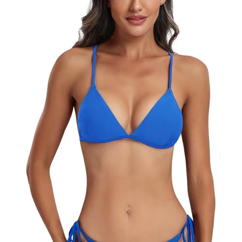 FITTOO Triangel Bikini Oberteil Große Brüste Damen Push up Sport Bikini Neckholder Rückenfrei Bikinioberteil mit Polster Blau, S von FITTOO