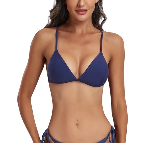 FITTOO Triangel Bikini Oberteil Große Brüste Damen Push up Sport Bikini Neckholder Rückenfrei Bikinioberteil mit Polster Marineblau, M von FITTOO