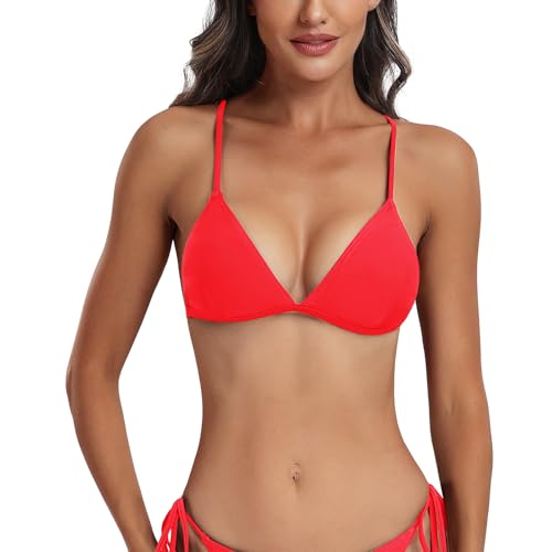 FITTOO Triangel Bikini Oberteil Große Brüste Damen Push up Sport Bikini Neckholder Rückenfrei Bikinioberteil mit Polster Rot, XL von FITTOO