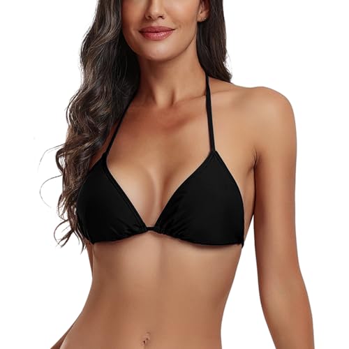 FITTOO Triangel Bikini Oberteil Große Brüste Damen Push up Sport Bikini Neckholder Rückenfrei Bikinioberteil mit Polster Schwarz, S von FITTOO