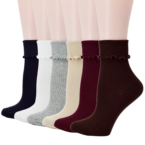 FITU Damen-Socken mit Spitzenbesatz, Rüschen, Manschette, niedlich, Vintage-Kleid, Crew, Stiefeletten, in Geschenkbox, Salatbesatz 6 Paar Mix3 (schwarz, grau, weiß, weinrot, braun, khaki), von FITU