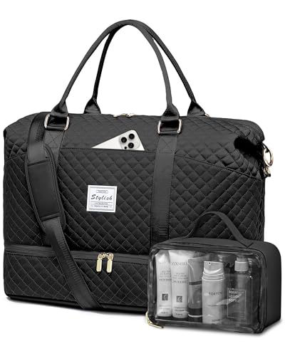 Reisetasche für Damen, Übernachtungstasche mit Kulturbeutel, Handgepäck mit Laptopfach, Yoga, Turnbeutel mit Nasstasche, Schuhtasche, Krankenhaustasche für Arbeit und Lieferung, Schwarz, Reisetaschen von FIUAIE