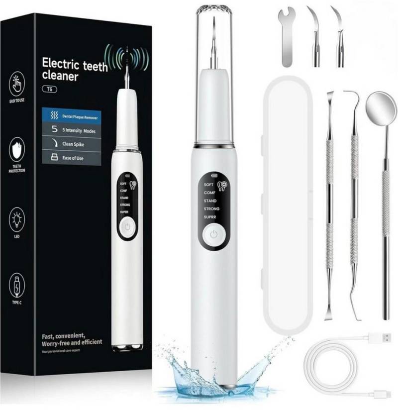 FIVAVA Zahnpflege-Set Zahnsteinentferner mit Akku, LED-Licht & 3 Edelstahlaufsätzen, Professionelles Zahnreinigungs-Set für Erwachsene mit LED & Zubehör, Zahnpflege-Set für zuhause inklusive Aufsätze und Zubehör, Effektiver Zahnsteinentferner mit LED & Vibrationsreinigung von FIVAVA