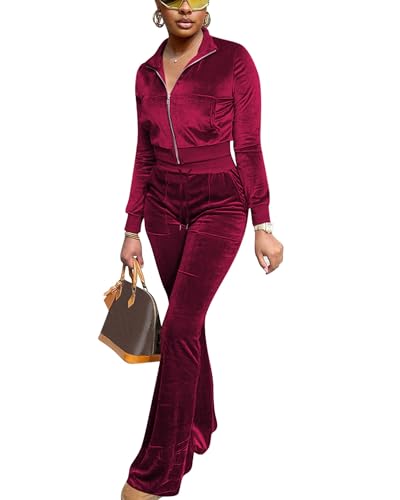 FIVCAT Frauen Velours Sweat Anzüge 2 Stück Outfits Trainingsanzüge Langarm Reißverschluss Jacke Flare Hosen Niedlich Casual Passender Anzug, Burguny, X-Large FIVCAT Frauen Velours Sweat Anzüge 2 Stück Outfits Trainingsanzüge Langarm Reißverschluss Jacke Flare Hosen Niedlich Casual Passender Anzug, Burguny, X-Large von FIVCAT
