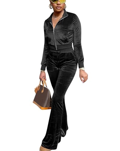 FIVCAT Frauen Velours Sweat Anzüge 2 Stück Outfits Trainingsanzüge Langarm Reißverschluss Jacke Flare Hosen Niedlich Casual Passender Anzug, Schwarz, Medium von FIVCAT