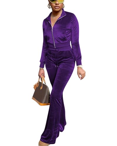FIVCAT Frauen Velours Sweat Anzüge 2 Stück Outfits Trainingsanzüge Langarm Reißverschluss Jacke Flare Hosen Niedlich Casual Passender Anzug, Violett, Small von FIVCAT