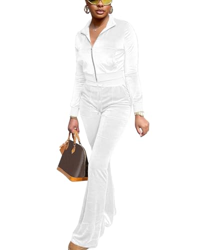 FIVCAT Frauen Velours Sweat Anzüge 2 Stück Outfits Trainingsanzüge Langarm Reißverschluss Jacke Flare Hosen Niedlich Casual Passender Anzug, Weiss/opulenter Garten, Small von FIVCAT