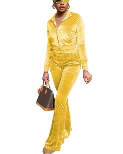 FIVCAT Frauen Velours Sweat Anzüge 2 Stück Outfits Trainingsanzüge Langarm Reißverschluss Jacke Flare Hosen Niedlich Casual Passender Anzug, gelb, Medium von FIVCAT