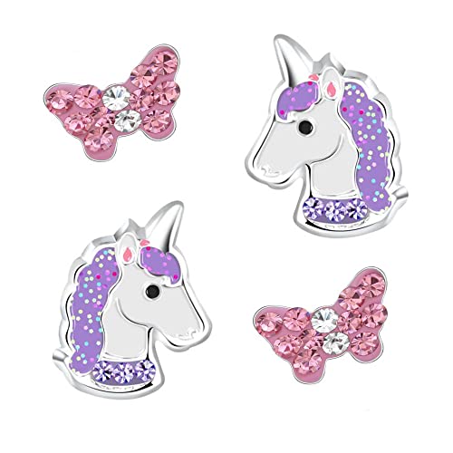 FIVE-D 2 Paar Kinderohrringe Einhorn Pferd Blume Kristall 925 Silber (Lila) von FIVE-D