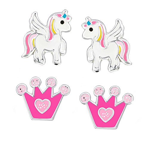 FIVE-D 2 Paar Kinderohrringe Einhorn und Blume Kristall 925 Silber(UnicornBunt-Krone) von FIVE-D