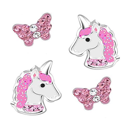 FIVE-D 2 Paar Kinderohrringe Einhorn Blume Kristall 925 Silber (EinhornPink-Schmetterling) von FIVE-D