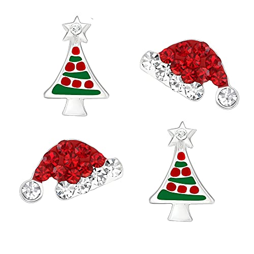 FIVE-D 2 Paar Ohrringe Weihnachten Nikolaus Mütze und Weihnachtsbaum 925 Sterling Silber (Clear) von FIVE-D