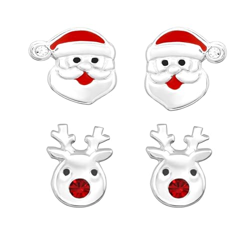 FIVE-D 2 Paar Ohrringe Weihnachten Nikolaus Mütze und Weihnachtsbaum 925 Sterling Silber im Schmucketui (Nikolaus+Rentier) von FIVE-D