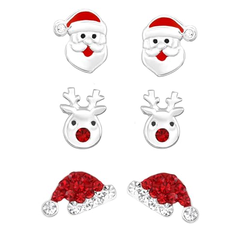FIVE-D 3 Paar Ohrringe Weihnachten Nikolaus Mütze Rentier 925 Sterling Silber im Schmucketui (3er Set) von FIVE-D