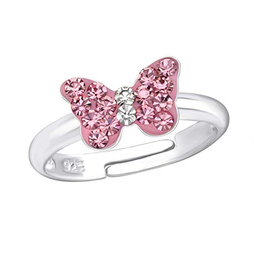 FIVE-D Damen- und Mädchenring Ring Kleiner Kristall Schmetterling Grösse einstellbar aus 925 Sterling Silber im Schmucketui (Pink-Gross) von FIVE-D