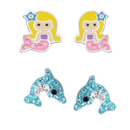 FIVE-D Kinder Ohrringe – Delfin Schildkröte 925 Silber - Hochwertige Mädchen Ohrstecker – Geschenk Set Kinderschmuck (Meerjungfrau-Pink) von FIVE-D