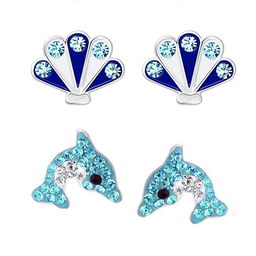 FIVE-D Kinder Ohrringe – Delfin Schildkröte 925 Silber - Hochwertige Mädchen Ohrstecker – Geschenk Set Kinderschmuck (Muschel-Blau) von FIVE-D