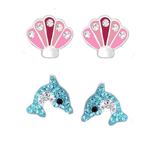 FIVE-D Kinder Ohrringe Delfin Schmetterling Herz 925 Silber Mädchen Set Kinderschmuck (Delfin-Muschel-Pink) von FIVE-D