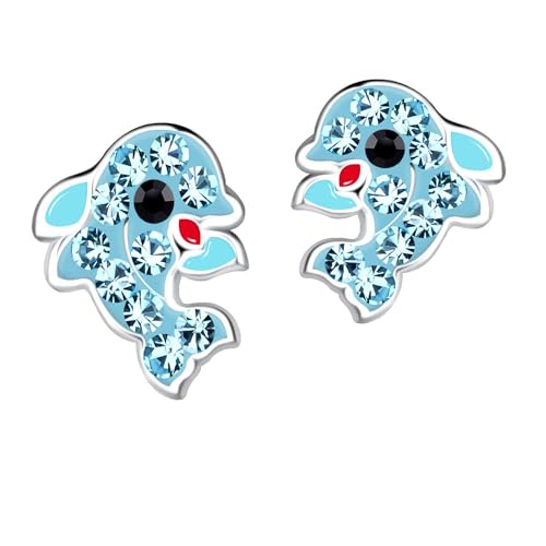 FIVE-D Kinder Ohrringe Delfin aus Kristall 925 Sterling Silber im Schmucketui (Blau-Kristalle) von FIVE-D