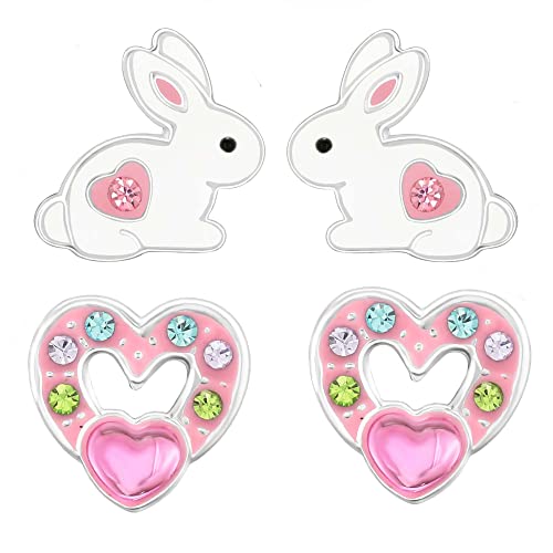 FIVE-D Kinder Ohrringe Einhorn Hase Schmetterling 925 Silber Mädchen Set Kinderschmuck (Herz2) von FIVE-D