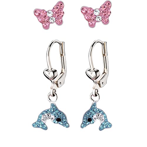 FIVE-D Kinder Ohrringe Kristall Delfin 925 Sterling Silber Creolen Ohrhänger (Hellblau-Schmetterling) von FIVE-D