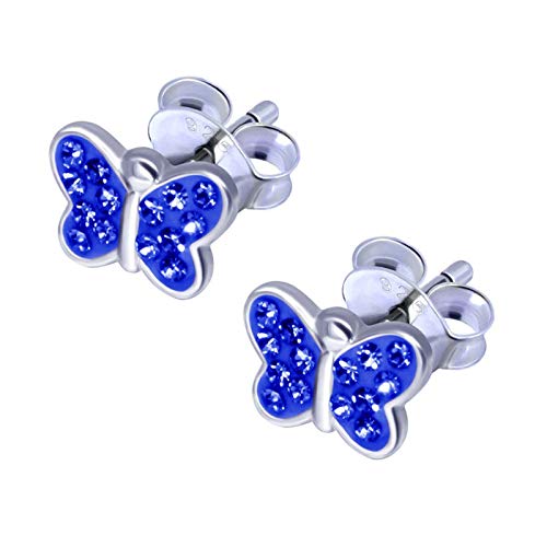 FIVE-D Kinder Ohrringe kleiner Schmetterling 925 Sterling Silber im Schmucketui (Blau-Kristall) von FIVE-D