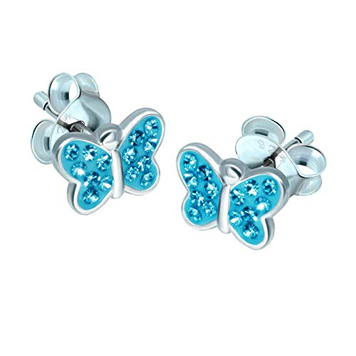 FIVE-D Kinder Ohrringe kleiner Schmetterling 925 Sterling Silber im Schmucketui (Hellblau-Kristall) von FIVE-D