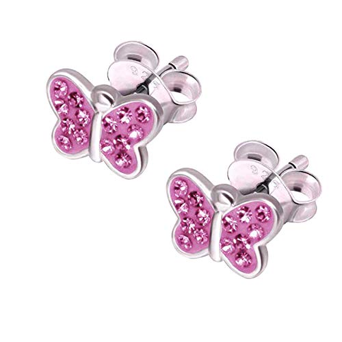 FIVE-D Kinder Ohrringe kleiner Schmetterling 925 Sterling Silber im Schmucketui (Rosa-Kristalle) von FIVE-D