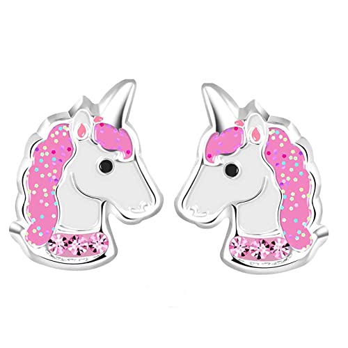 FIVE-D Kinderohrringe Einhorn Pferd 925 Sterling Silber (Pink-Kristalle) von FIVE-D