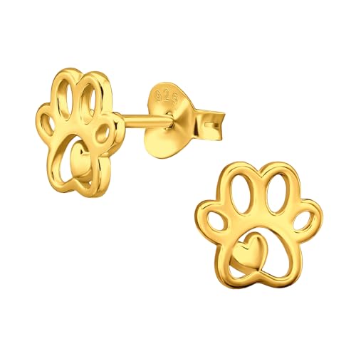 FIVE-D Ohrringe Pfote Tatze Hund 925 Sterling Silber gold Kinder Damen Mächen (Gold-Herz) von FIVE-D