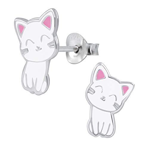 FIVE-D Ohrstecker Kinderohrringe kleine Katze 925 Silber im Schmucketui (Weiss) von FIVE-D