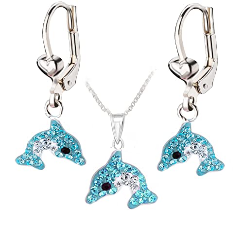 FIVE-D Kinder Ohrringe Kristall Delfin 925 Sterling Silber Creolen Ohrhänger (Set-Blau) von FIVE-D