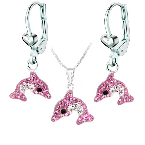 FIVE-D Kinder Ohrringe Kristall Delfin 925 Sterling Silber Creolen Ohrhänger (Set-Rosa) von FIVE-D