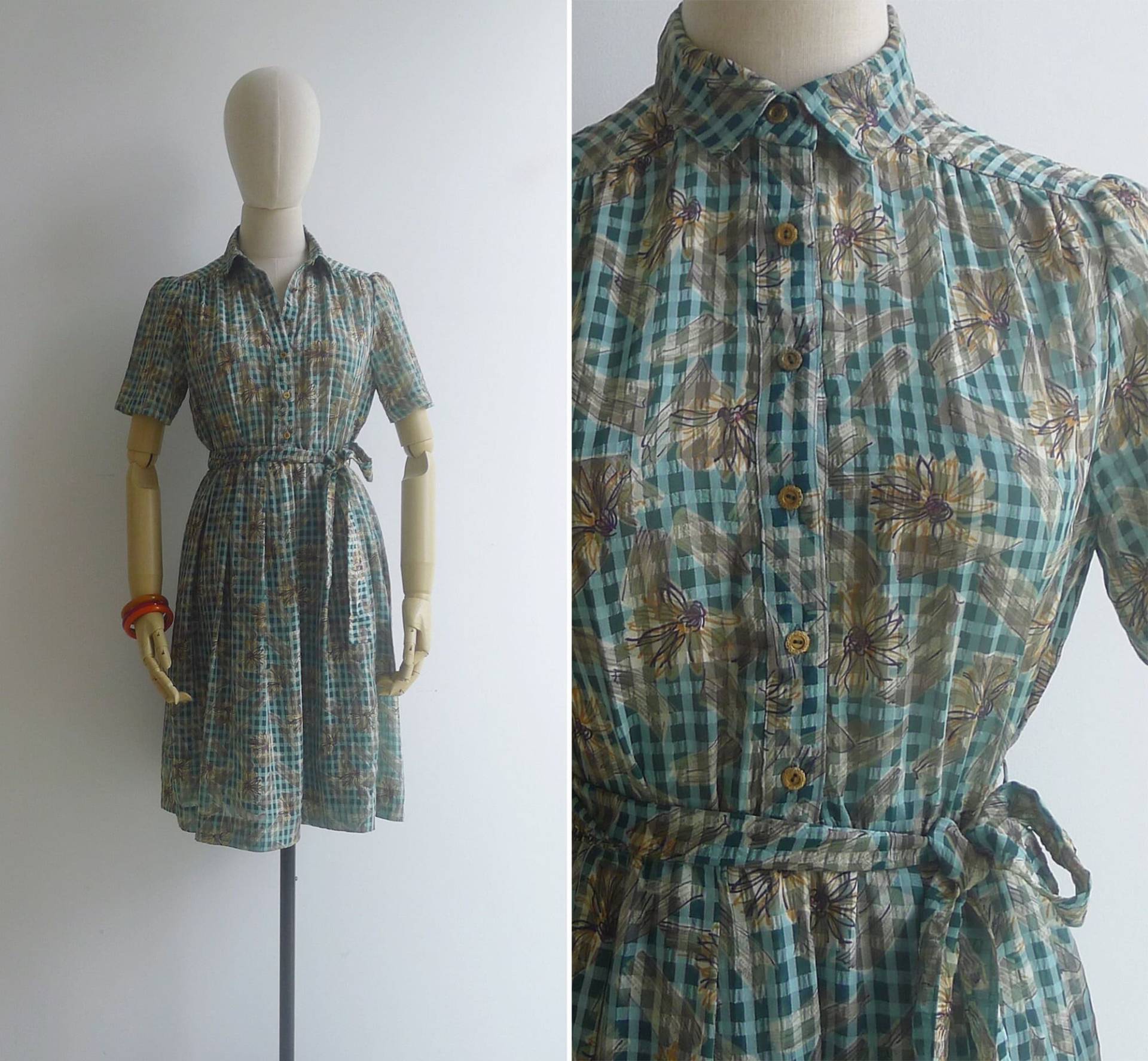 Vintage 80Er Jahre Grünes Picknick Karo Daisy Print Shirt Kleid Xs-S von FIVESTONESVINTAGE