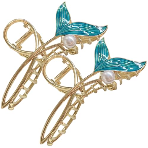 FIXOSHEE 2 Stück Große Haarklammer Fischschwanz Design mit Perlen Blau Rutschfeste Haarklammer für Dickes Haar Stilvolle Haarspangen Damen und Mädchen Sanfter Griff Ziehen Modisches von FIXOSHEE