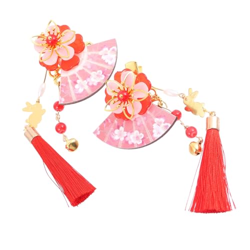 FIXOSHEE 2 Stück Japanische Haarklammer Rot Fächerförmig mit Perlen Quaste und Glöckchen Leichter Haarschmuck Damen Dekorativer Haarclip für Kimono und Festtagsoutfits von FIXOSHEE