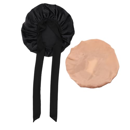FIXOSHEE 2 Stück Satin Schlafhauben Elastisch Verstellbar Komfortable Haarkappe Für Schlaf Make Up Gesichtspflege Atmungsaktiv Weich Wiederverwendbar Geschenkidee Für Damen In Schwarz Gold von FIXOSHEE
