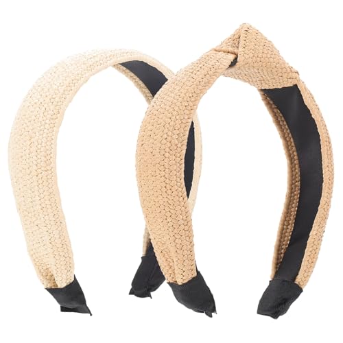 FIXOSHEE 2 Stück Teiliges Retro Haarbänder Damen Handgefertigte Geflochtene Raffia Stirnbänder mit Knoten Dekorative Leichte Haarschmuck Accessoires für Party und Alltag Beige und Breit von FIXOSHEE