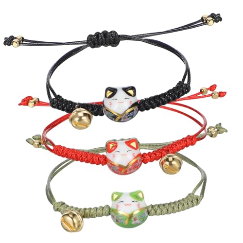 FIXOSHEE 3 Teiliges Maneki Neko Armband Glocke Verstellbare Asiatische Glückskatze Armbänder in Schwarz Grün und Rot Langlebiges Jingle Bracelet für Damen und Herren von FIXOSHEE