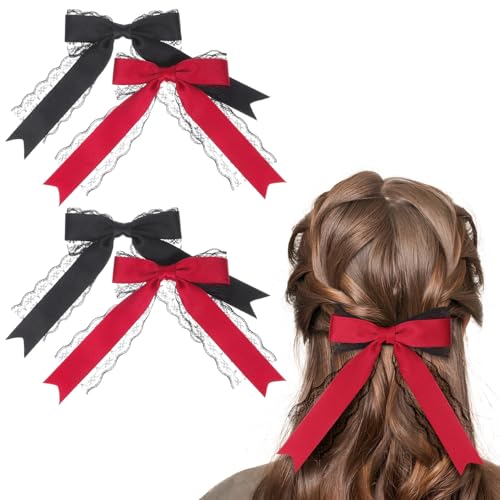 FIXOSHEE 4 Stück Große Spitzenhaarschleifen mit Langen Bändern Elegante Haarklammern für Mädchen Vielseitiger Haarschmuck für Alltag Hochzeit Cosplay und Festliche Anlässe von FIXOSHEE