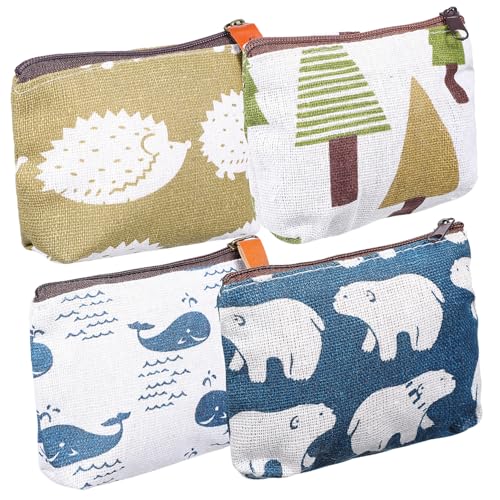 FIXOSHEE 4 Stück Teiliges Canvas Kosmetiktaschen mit Reißverschluss Kleine Multifunktionale Cartoon Geldbeutel für Damen und Mädchen Waschbare Make Up und Aufbewahrungsbeutel mit Tier und von FIXOSHEE