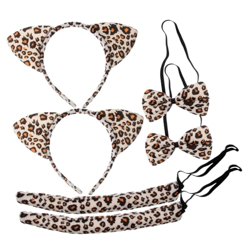 FIXOSHEE 6 Stück Teiliges Katzenkostüm mit Leopardenmuster Verstellbarer Katzenohren Haarreif und Schleife Cartoon Tierkostüm Zubehör für Erwachsene für Karneval Halloween und Kostümparty von FIXOSHEE