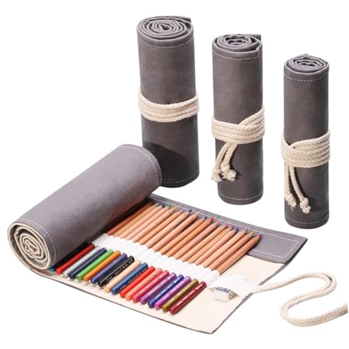 FIXOSHEE Handgefertigte Graue Canvas Stifterolle Fächer Großer Kapazität Langlebiger Stift Organizer mit Rollverschluss Praktischer Pencil Roll Wrap für Künstler und Studenten von FIXOSHEE