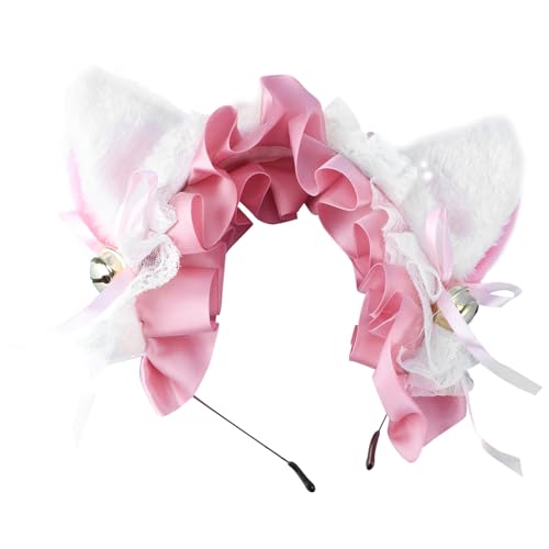 FIXOSHEE Katzenohren Haarreif mit Plüsch Süßes Cosplay Stirnband mit Spitzen schleife und Glöckchen Leichtes Bequemes Headwear für Damen für Halloween Karneval und Festtage von FIXOSHEE