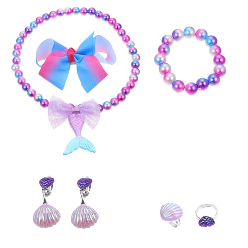 FIXOSHEE Meerjungfrau Schmuckset für Mädchen Perlen set mit Ohrclips Halskette Armband Ring und Haarschmuck Kindgerechtes Schmuckspielzeug für Party Geburtstag und Rollenspiel von FIXOSHEE