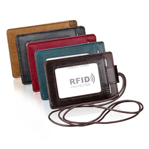 FIXOSHEE RFID Schutz Ausweishülle aus Leder Leichtes Neckholder Ausweistasche für Reise Arbeit und Namensschildhalter Sicherer Kartenhalter in Hellbraun von FIXOSHEE