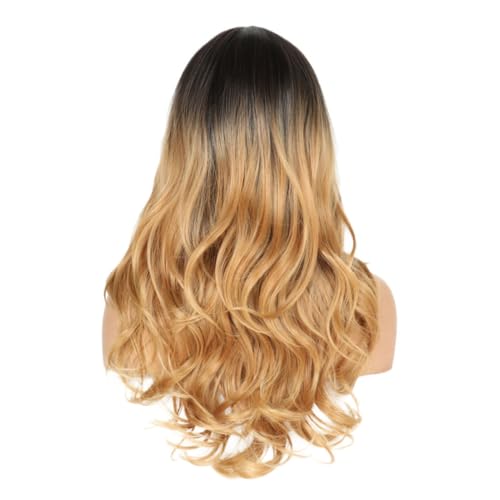 FIXOSHEE Stylische Damen Perücke Mittelscheitel Lange Lockige Wellen Farbverlauf Schwarz zu Hellgold Echt Wirkendes Haar Haaraccessoire Komfortabel und Atmungsaktiv von FIXOSHEE