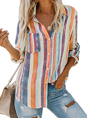 FIYOTE Bluse Gestreift. Damen Hemd Oberteile V-Ausschnitt Lose Casual Chiffon Langarm T-Shirt Top Tunika Elegant Langarmshirt 1-orange M. von FIYOTE
